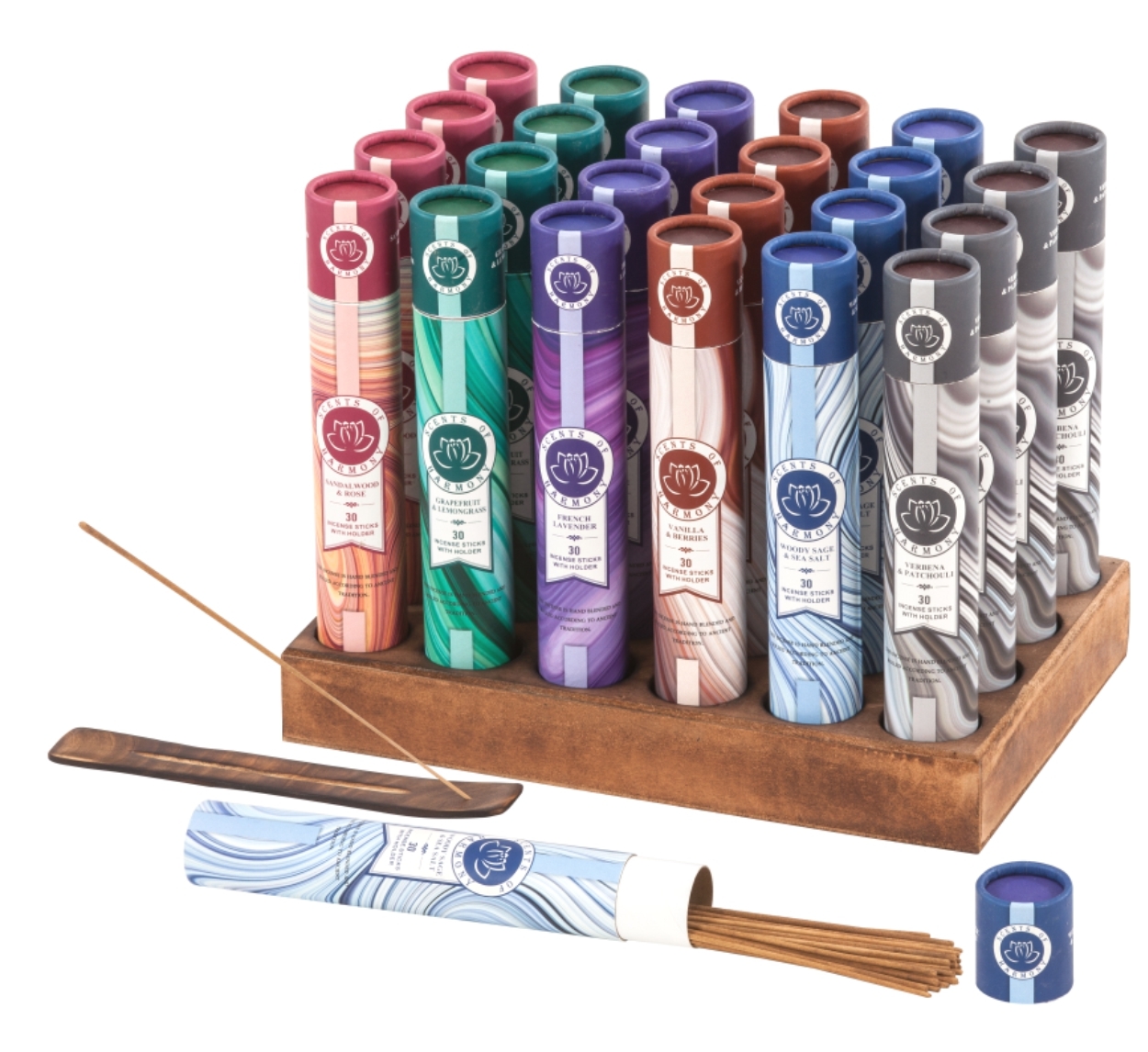 Scents of Harmony Incense Tube with Wooden Holder Display Unit with 24