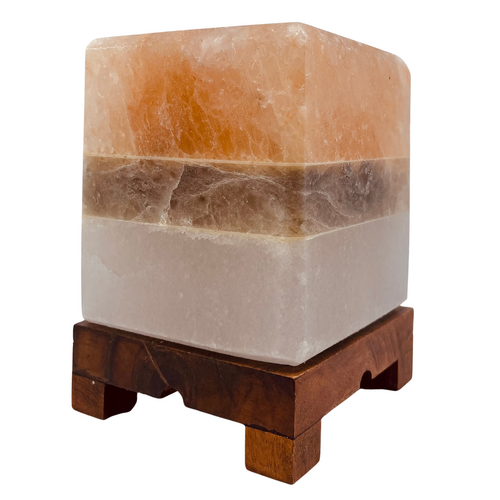 Himalayan Salt Lamp BANDED CUBE With Wooden Stand, cord and globe