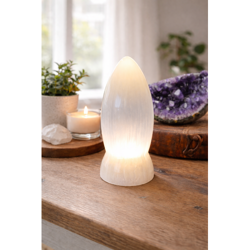 Selenite Crystal Lamp POLISHED 25cm With 1.8m Black Cord and LED Globe