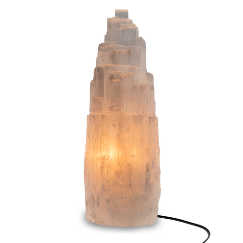 Selenite Crystal Lamp 35-40cm XL with 1.8m Black Cord and LED Globe