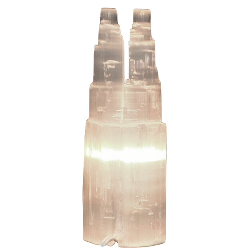 Selenite Lamp NATURAL 35cm DOUBLE SKYSCRAPER with with Black Cord, and 1w LED globe